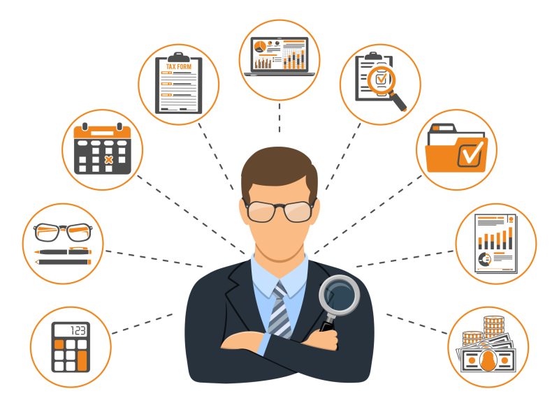 Auditing, Tax, Accounting Banner. Auditor Holds Magnifying Glass in Hand and Checks Financial Report with Charts, Calculator and laptop. Flat Style Icons. Isolated vector illustration